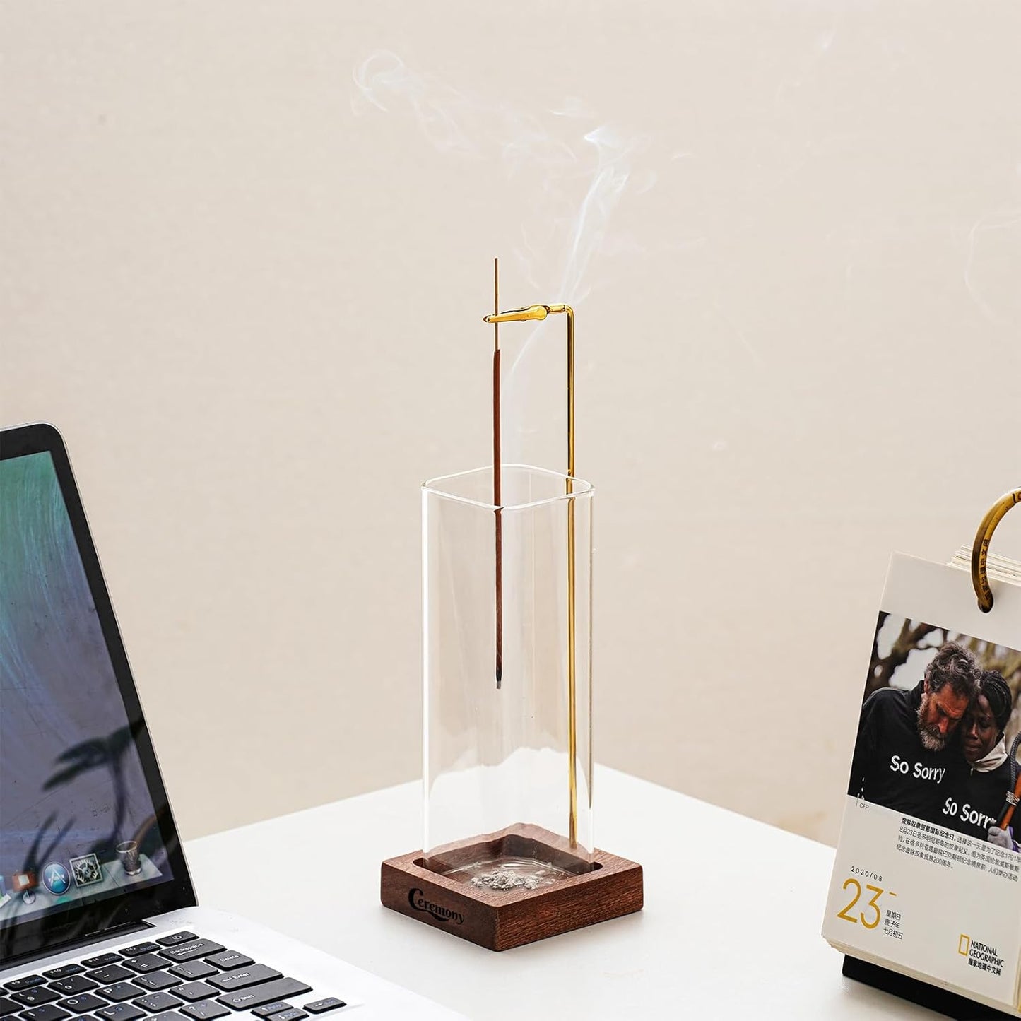 CEREMONY Incense Holder๏ผWood Incense Holder for Sticks with Glass Ash Catcher๏ผIncense Burner for Meditation Yoga Spa Room Decor