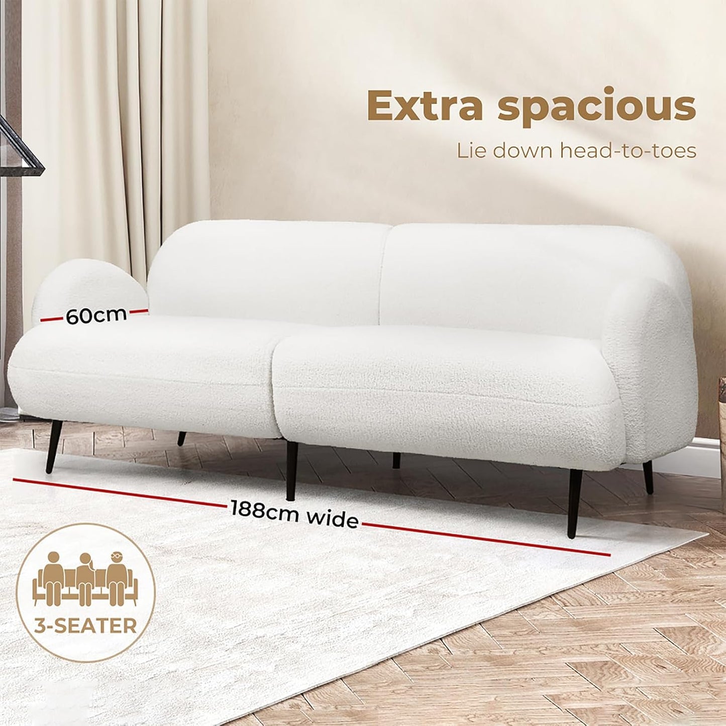 3 Seater Sofa, Soft Upholstered Boucle Sherpa Fabric Loveseat Sofa Couch, Comfy Recliner Sofa Lounge, Spare Bed for Guest Room, Living Room, Office, Studio, Load up to 250Kg (188Cm, White)
