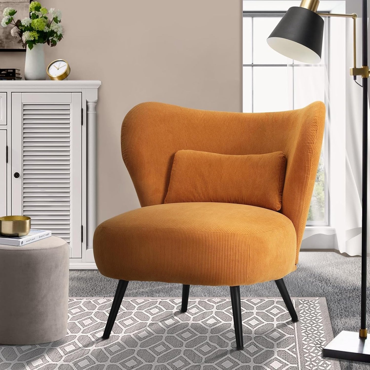 Oikiture Boucle Armchair with Lumbar Pillow and Wingback Velvet Lounge Sofa Accent Chair White