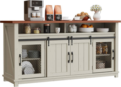 160cm Farmhouse Buffet Cabinet with Storage, Large Coffee Bar Cabinet with 2 Sliding Barn Doors & 2 Visual Grid Doors, Kitchen Sideboard Storage Cabinet for Living Room, White