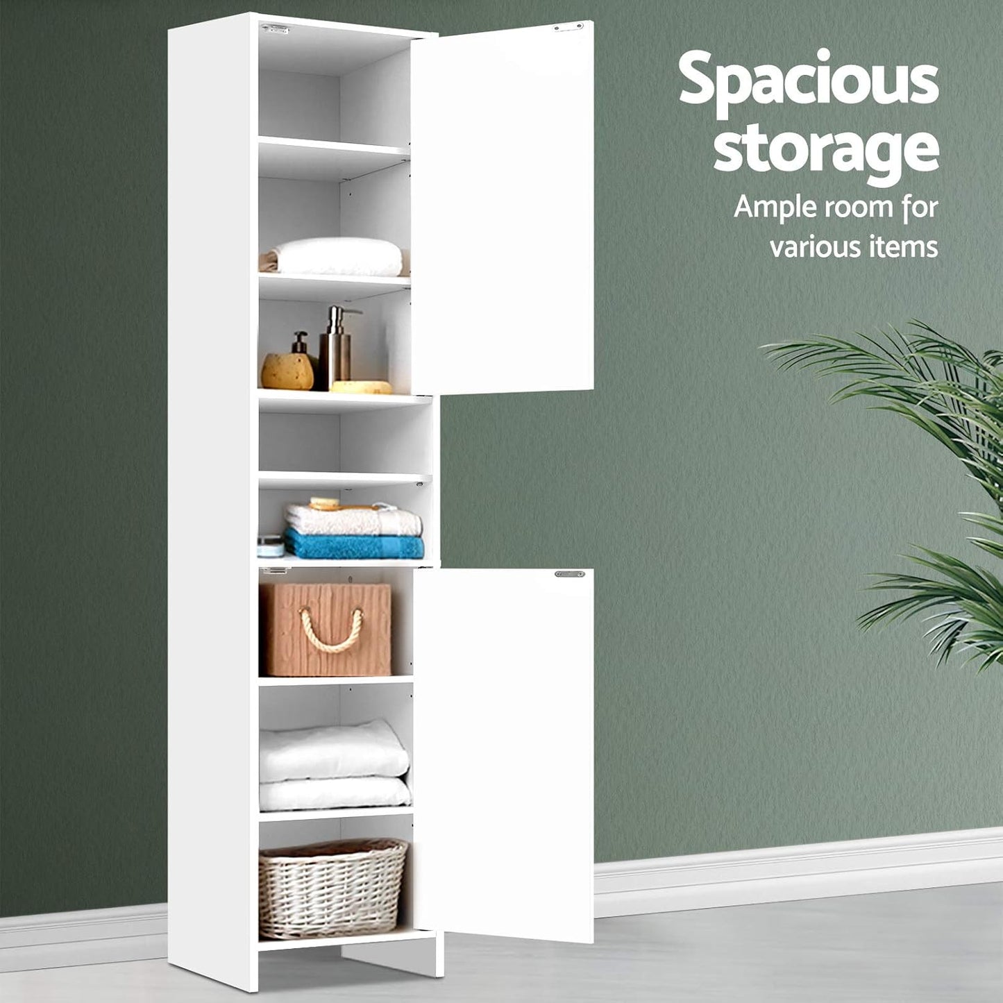 Bathroom Storage Cabinet, 185Cm Tall Adjustable Cupboard Side Table Corner Shelf