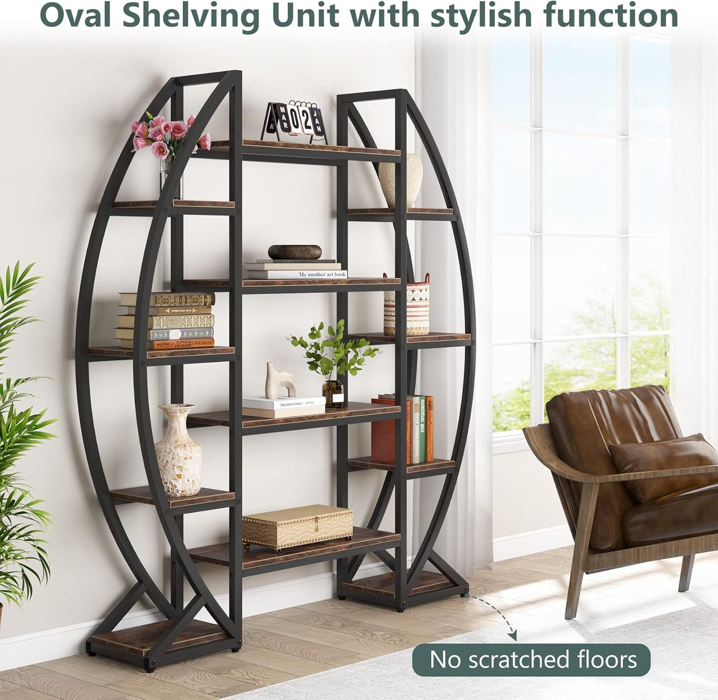 Oval Bookshelf, Triple Wide 5 Tier Etagere Bookcase, Industrial Display Shelves for Living Room (Brown, 55")