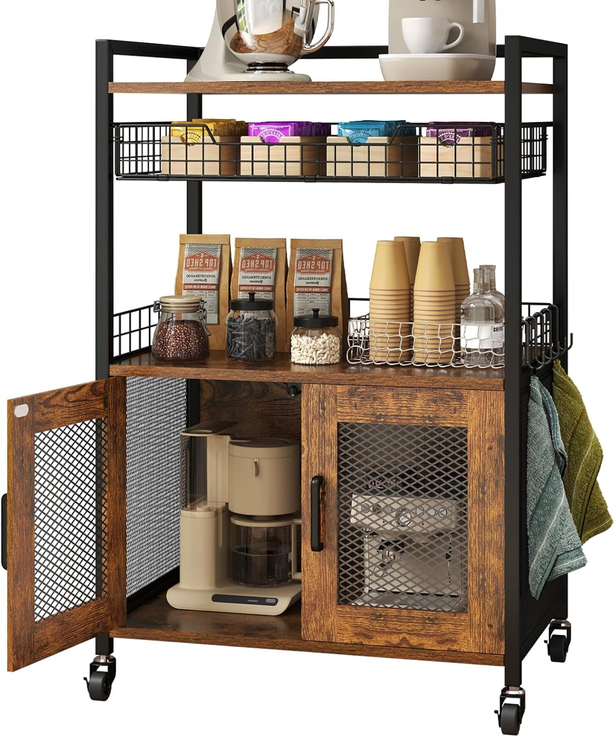 Coffee Bar Cabinet, 3 Tier Coffee Station Table on Wheels, 35.9'' H Bar Cart with Wire Basket Drawer & 5 Hooks for Home Kitchen