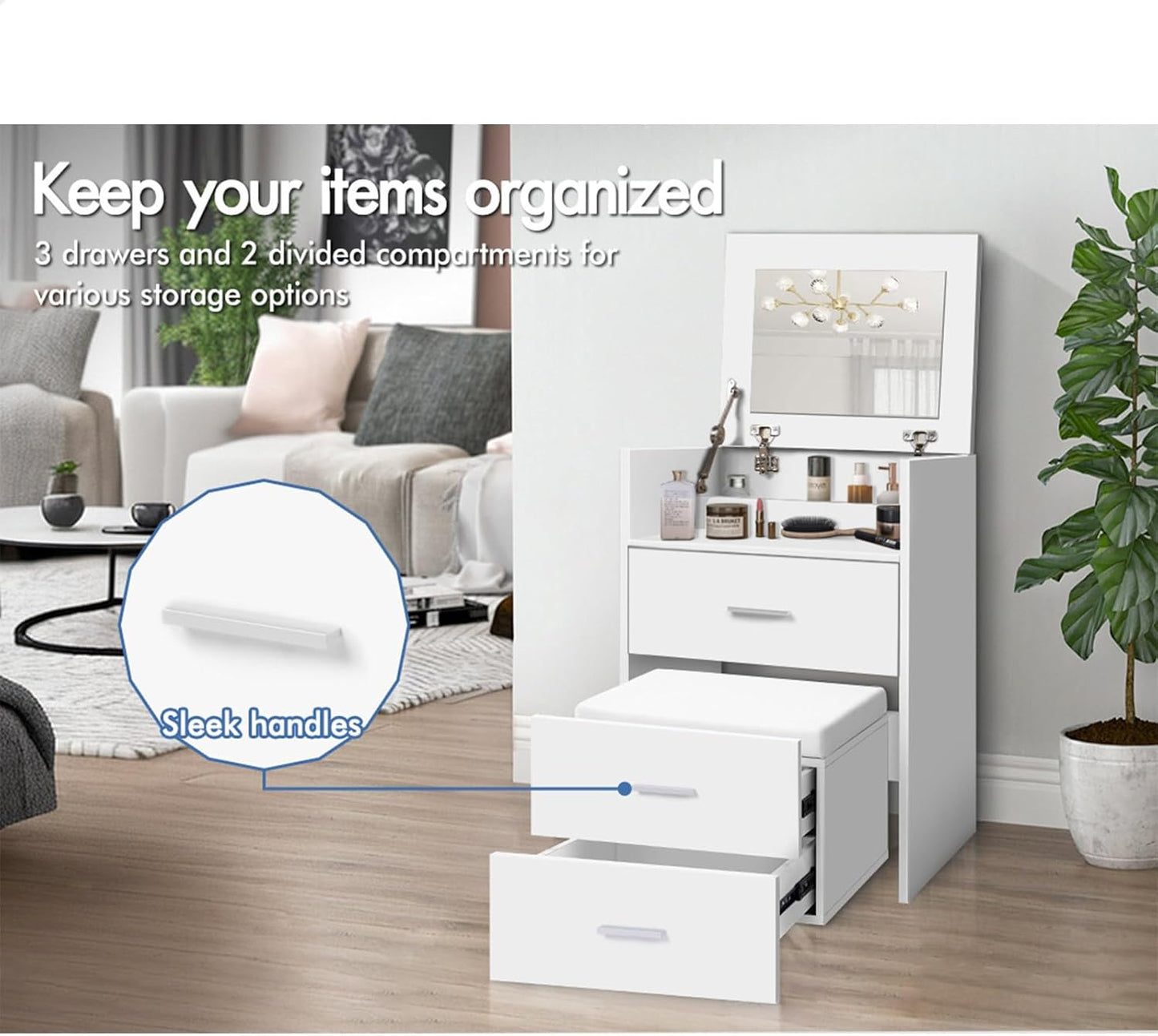 Vanity Desk, Dressing Table with Foldable Mirror and Multi Drawers, Small Makeup Desk with Hidden Stool, Corner Bedside Dressing Desk Chair Set for Bedroom Dressing Room, White