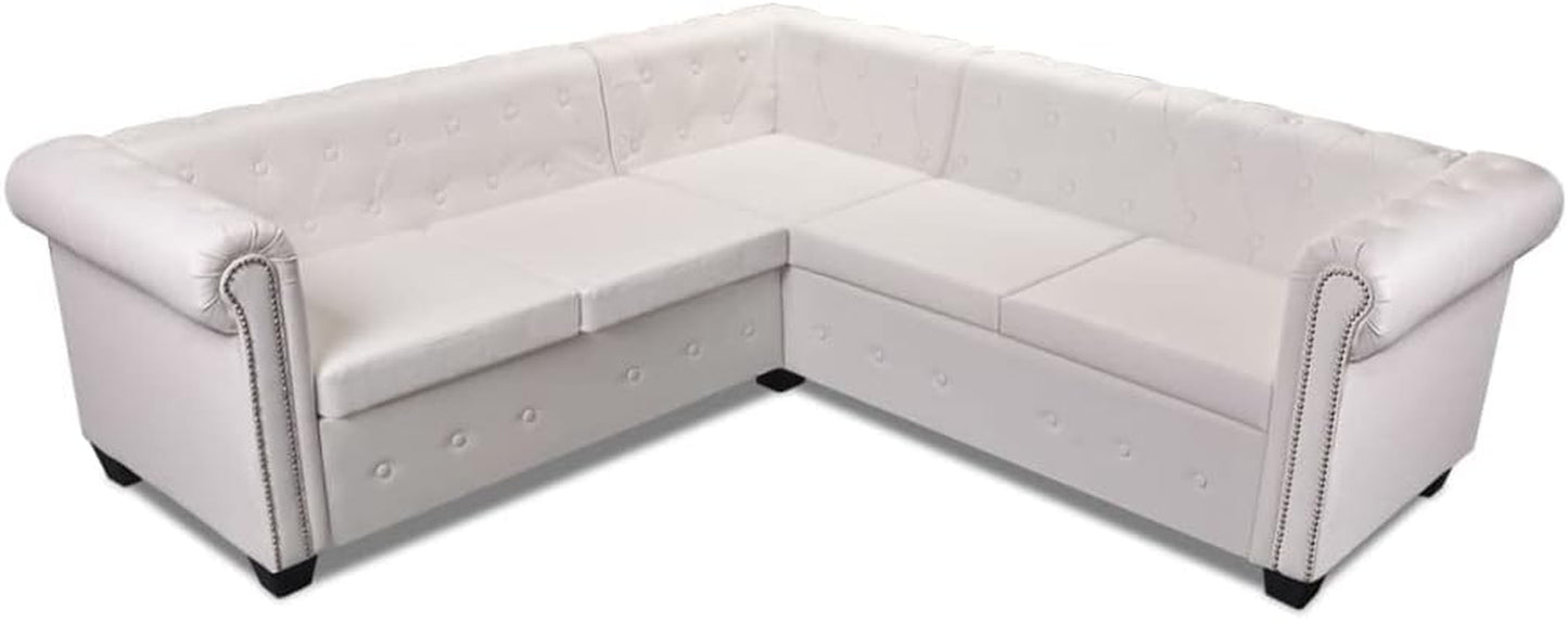 Chesterfield Corner Sofa 5-Seater Artificial Leather, White - Elegant Tufted Design, Sturdy Wooden Frame, 205 X 205 X 73 Cm, Perfect Sofas for Living Room & Office, Comfortable & Easy to Assemble