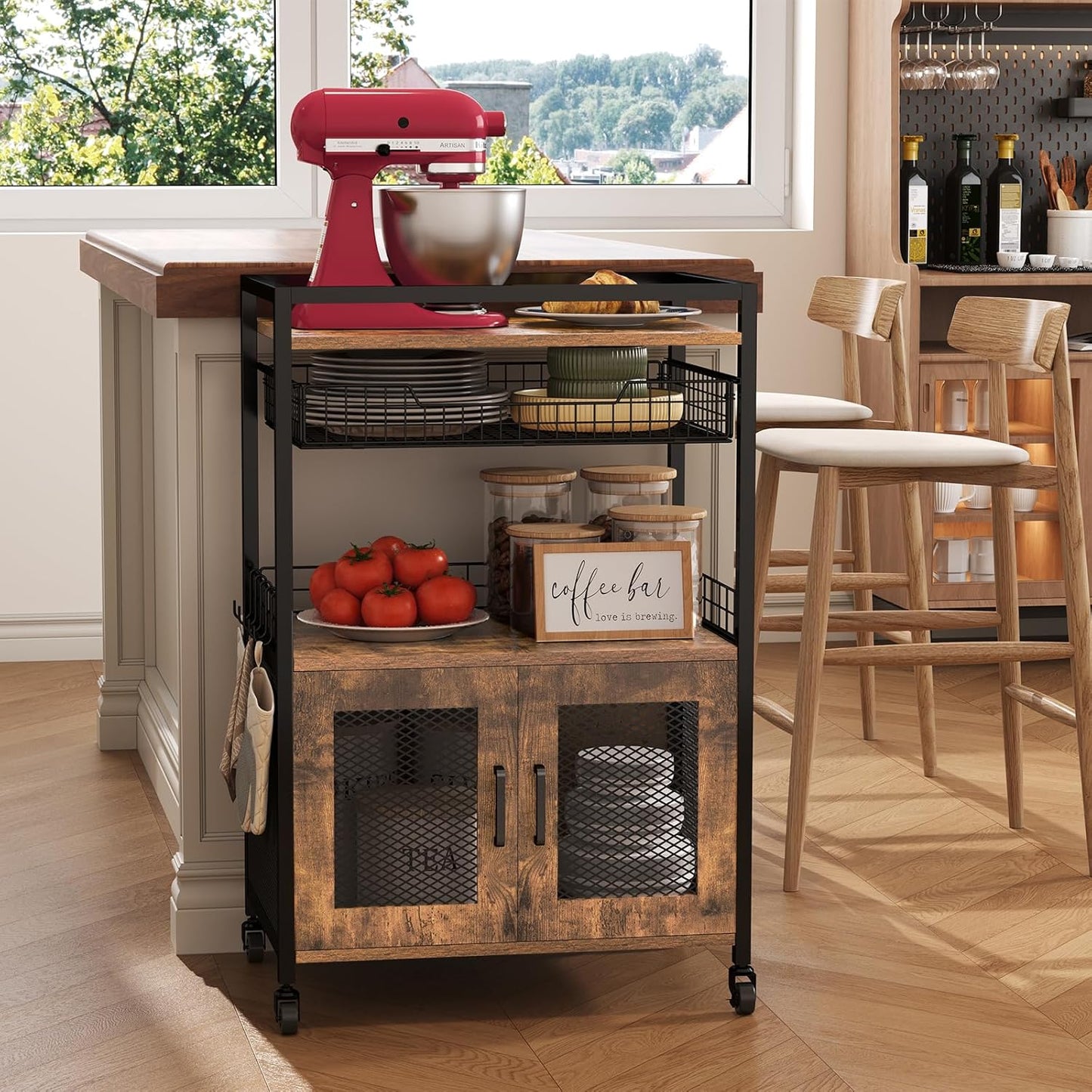 Coffee Bar Cabinet, 3 Tier Coffee Station Table on Wheels, 35.9'' H Bar Cart with Wire Basket Drawer & 5 Hooks for Home Kitchen