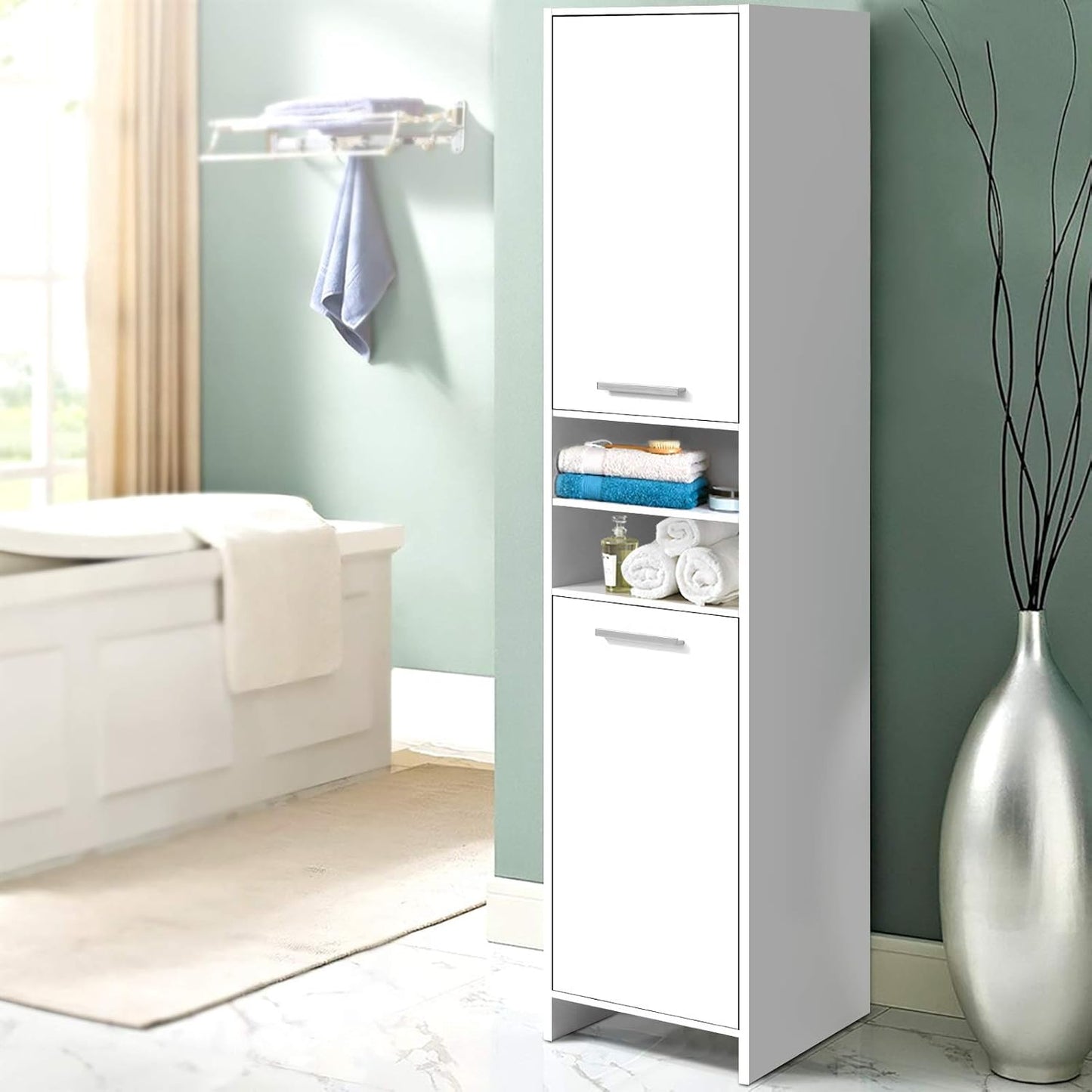 Bathroom Storage Cabinet, 185Cm Tall Adjustable Cupboard Side Table Corner Shelf