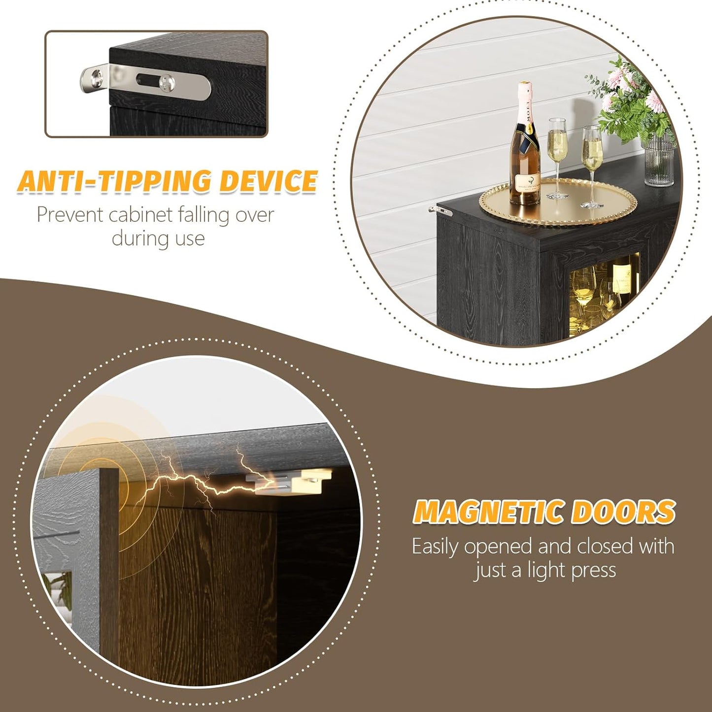 Wine Bar Cabinet with LED Light, 65" Sideboard Buffet Cabinet with Storage, Modern Home Coffee Bar Cabinet with Smart Human Sensor for Kitchen Dining Room Living Room, Black