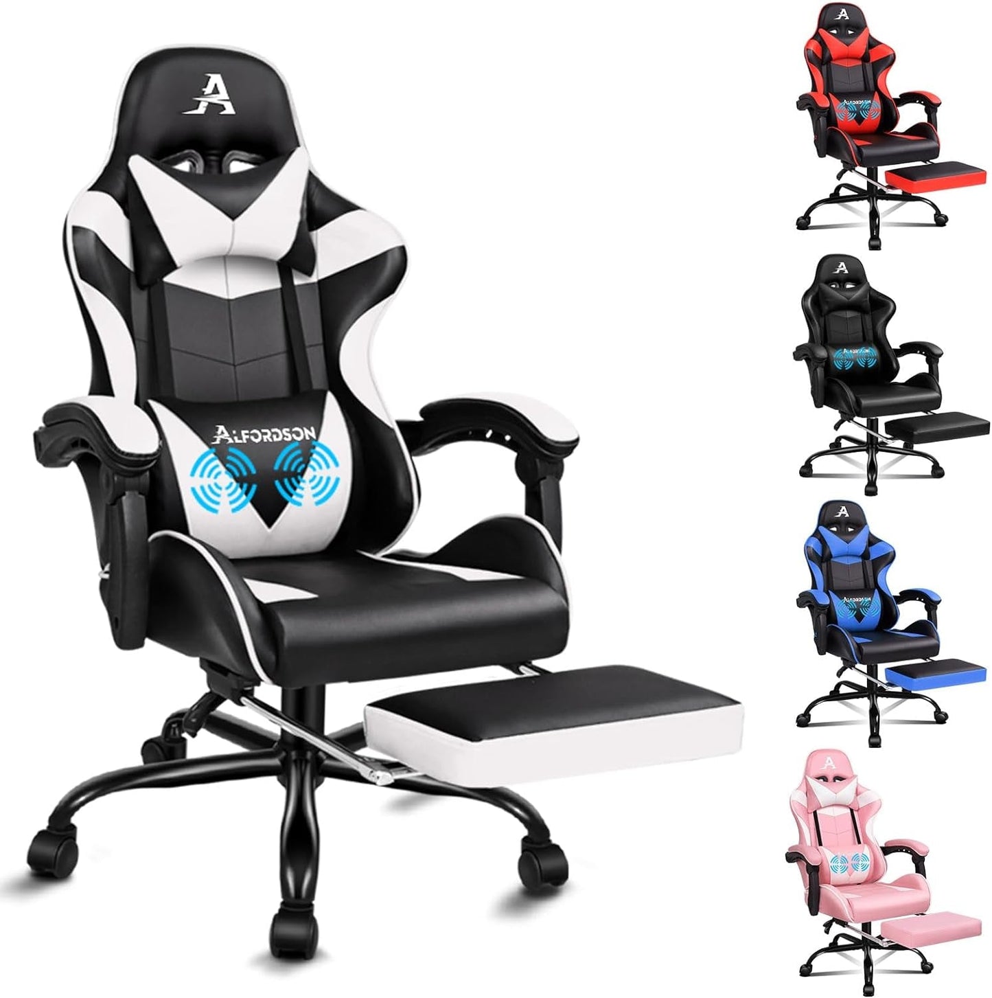 ALFORDSON Gaming Chair with Massage and 150° Recline, Ergonomic Executive Office Chair PU Leather with Footrest, Height Adjustable Racing Chair with SGS Listed Gas-Lift, Max 180Kg (Cyan)