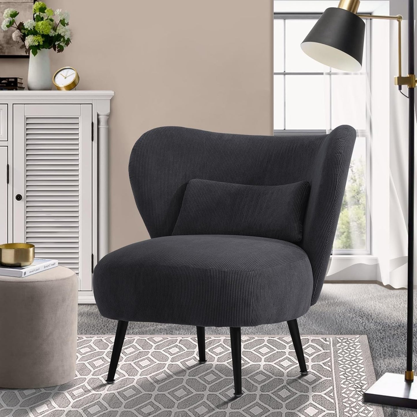Oikiture Boucle Armchair with Lumbar Pillow and Wingback Velvet Lounge Sofa Accent Chair White
