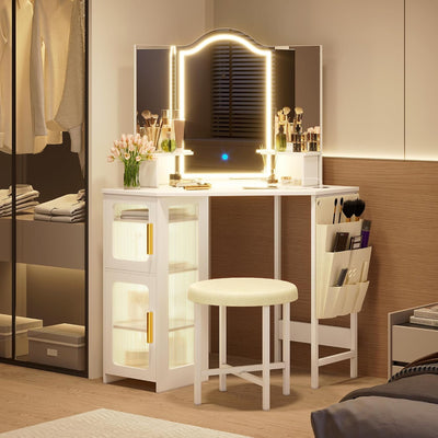 Dressing Table with Mirror and Lights, Charging Station, Corner Makeup Vanity with Storage Cabinet and Shelves, Modern Vanity Set with Stool for Bedroom (White)