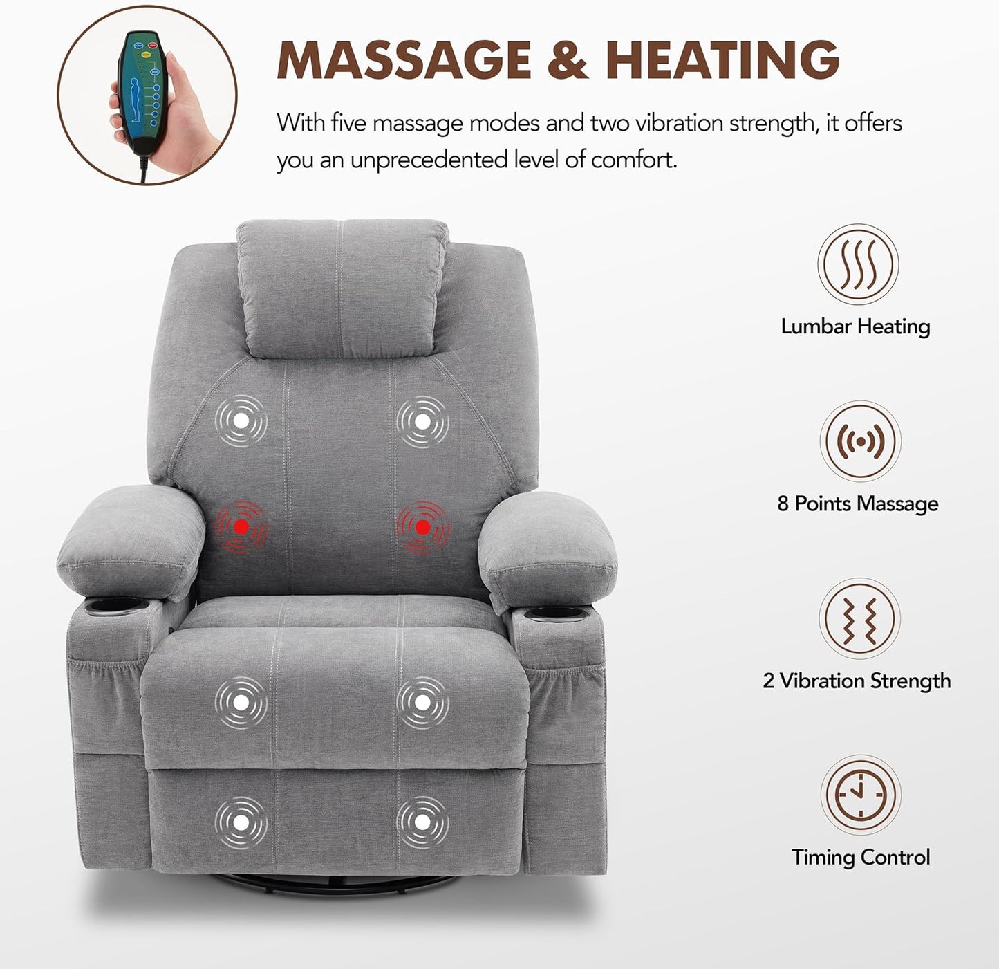 Weture Swivel Rocker Recliner Chair with Heat and Massage, 360 Degree Swivel Rocking Single Sofa with Cup Holders and USB Port, Big Large Oversized Recliner Chair for Living Room (Fabric, Grey)