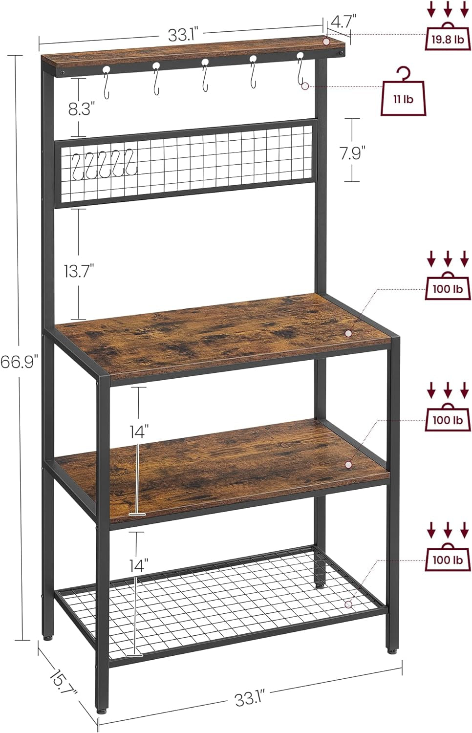 VASAGLE Bakers Rack, Coffee Bar, Kitchen Storage Shelf Rack with 10 Hooks, 3 Shelves, Adjustable Feet, for Microwave Oven, 15.7 X 33.1 X 66.9 Inches, Industrial, Rustic Brown and Black UKKS17BX