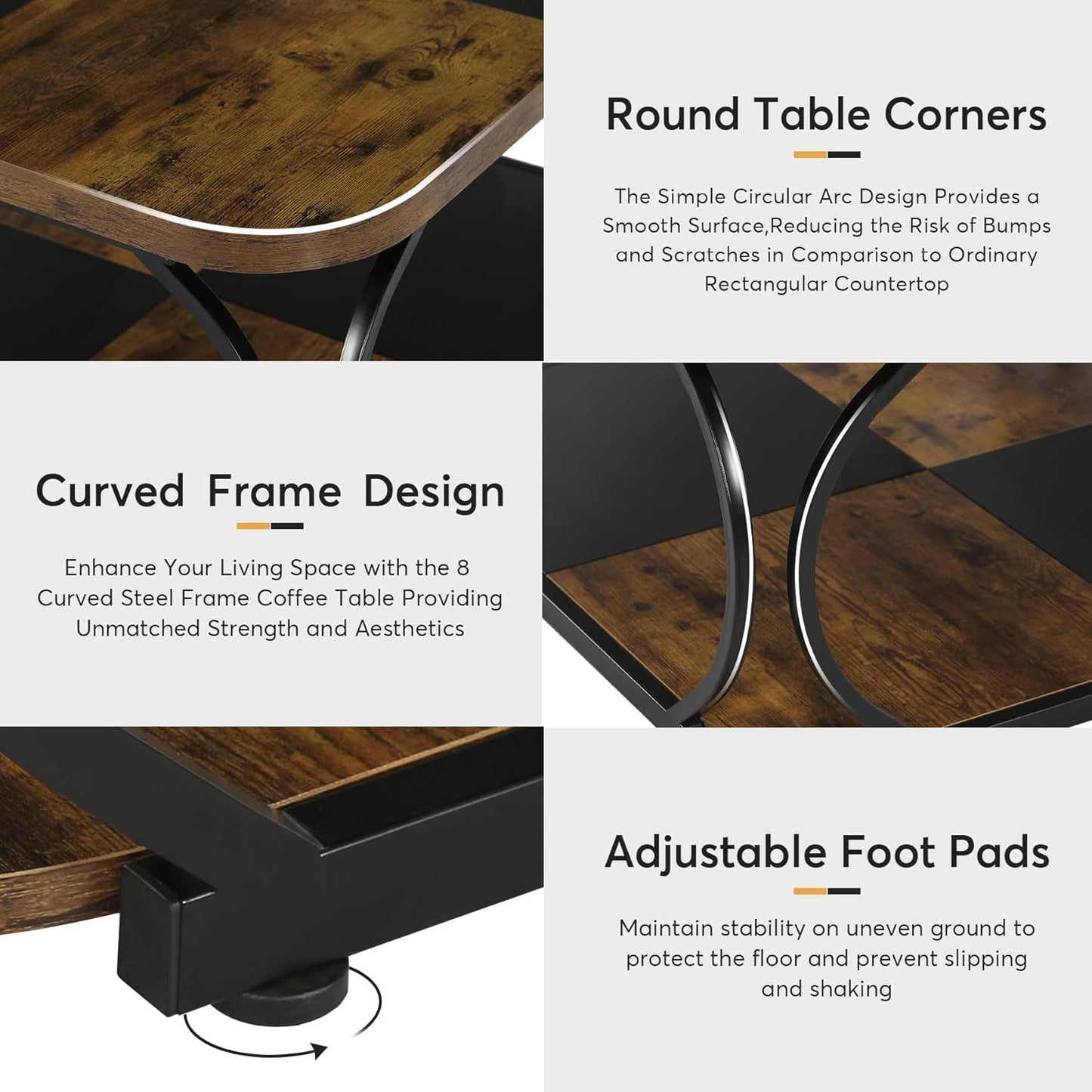 Coffee Table with Storage Shelf 100cm, 2-Tier Low Square Coffee Table with Farmhouse Wood Tabletop Heavy Duty Metal Curved Frame, Black Rustic Brown