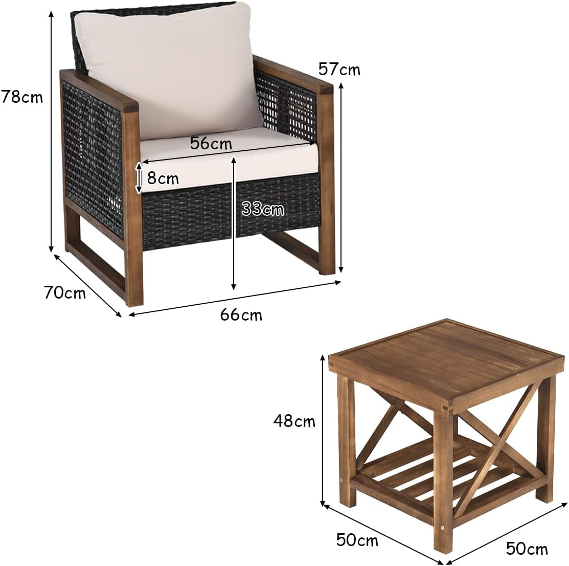 3-PCS Patio PE Rattan Chair Table Set, Wooden Wicker Furniture W/Solid Wood Frame, Soft Cushion, Coffee Table W/Shelf, Patio Conversation Sofa Setting for Balcony, Yard