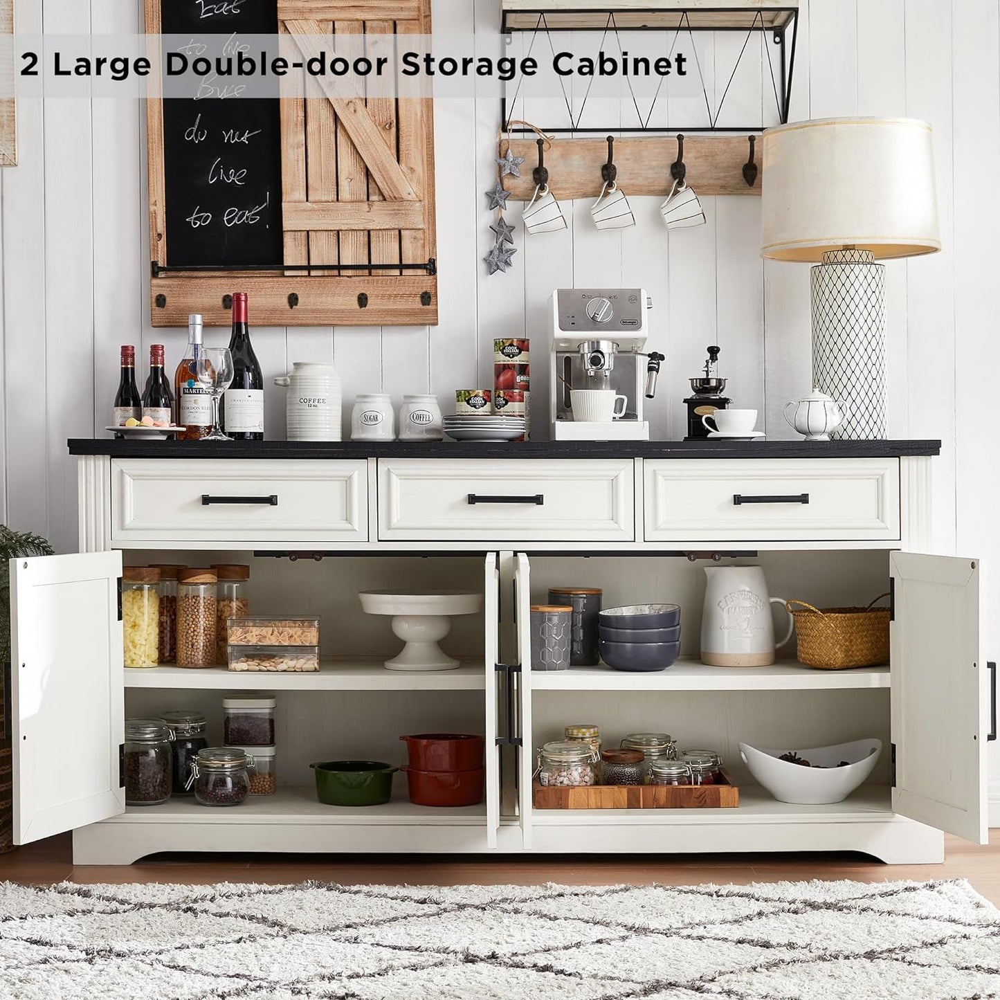 Farmhouse Buffet Sideboard Cabinet, 66" Buffet Table Coffee Bar Wine Bar Cabinet with Drawers and Doors, Kitchen Sideboard Storage Cabinet for Dining Room