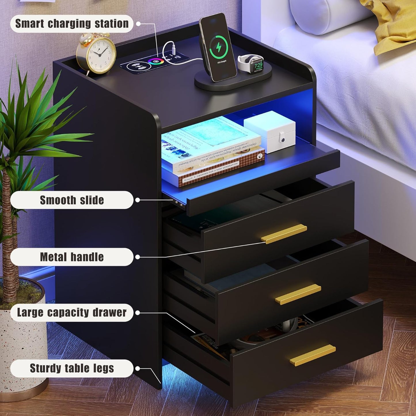 Nightstand with Wireless Charging Station Bedside Table with RGB Light & Human Sensor Design 3 Drawers LED Modern Night Stand End Table for Bedroom, Black