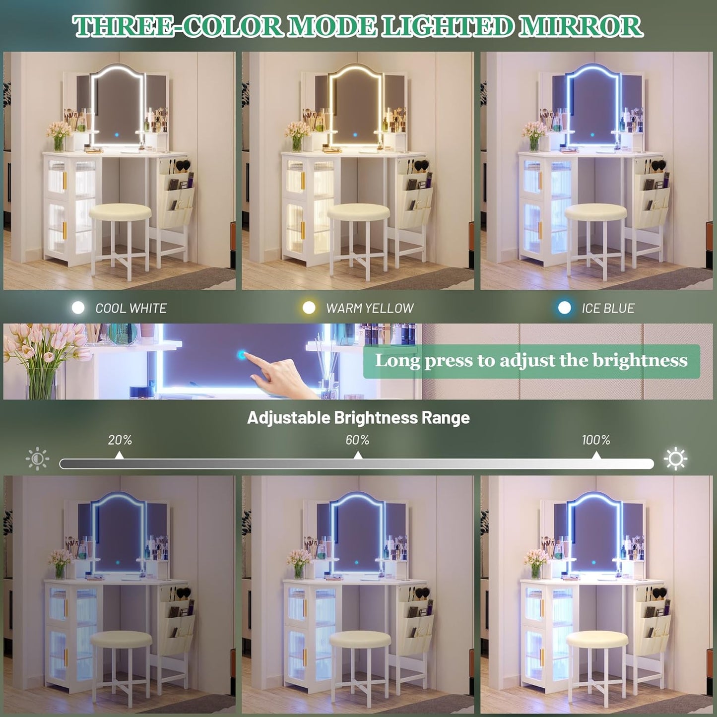 Dressing Table with Mirror and Lights, Charging Station, Corner Makeup Vanity with Storage Cabinet and Shelves, Modern Vanity Set with Stool for Bedroom (White)