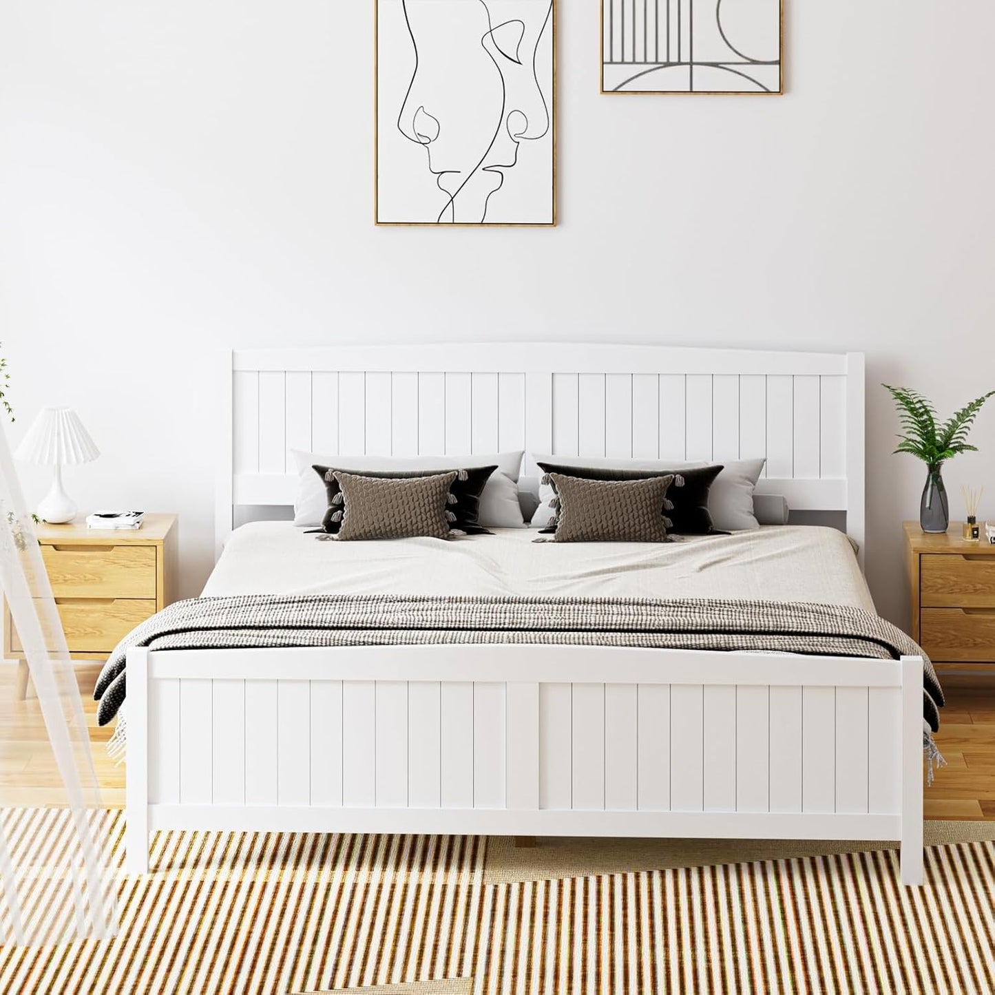 OIKITURE Queen Size Wooden Bed Frame Hampton-Style, Pinewood Bed Frame Platform with Bed Head and High Bed Leg - Compatible with Australian-Sized Mattresses, 211X161X94Cm 