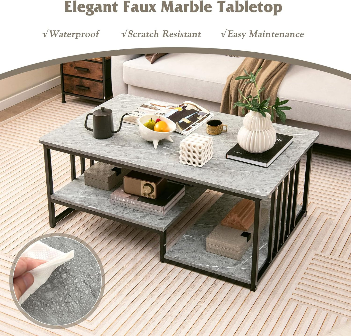 Faux Marble Coffee Table, Rectangular 2-Tier Center Table with Open Storage Shelf, Modern Long Cocktail Table Snack Table with Metal Frame for Living Room, Home, Office, Gray