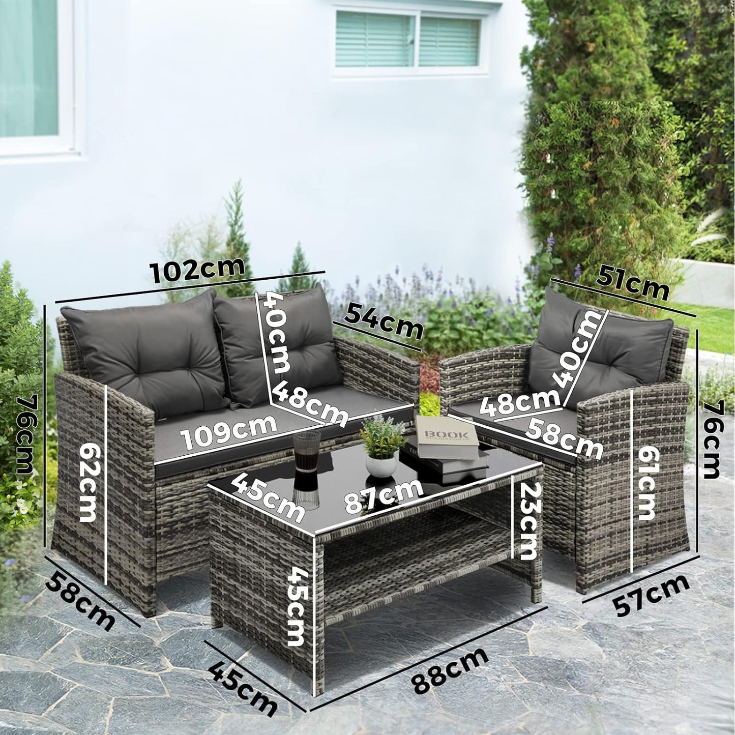 Outdoor Patio Furniture Set with Pillow and Cushion Wicker Material Table and Chairs 4Pcs Grey