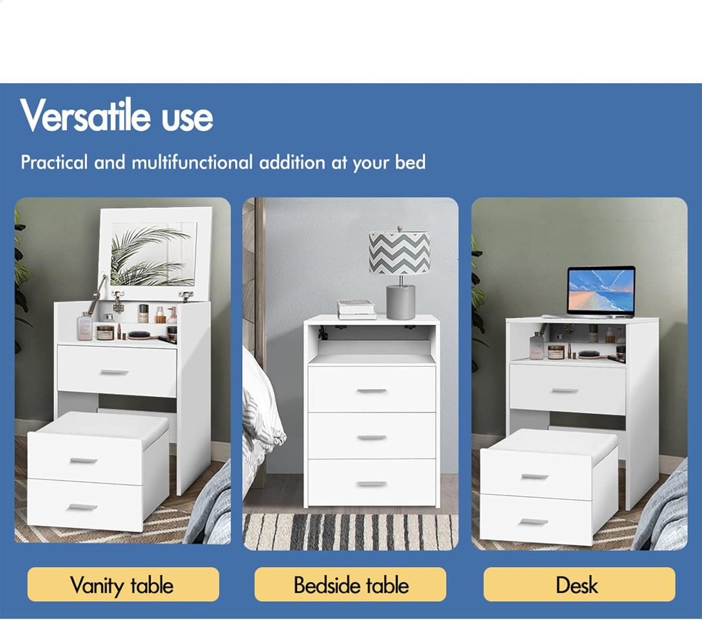 Vanity Desk, Dressing Table with Foldable Mirror and Multi Drawers, Small Makeup Desk with Hidden Stool, Corner Bedside Dressing Desk Chair Set for Bedroom Dressing Room, White