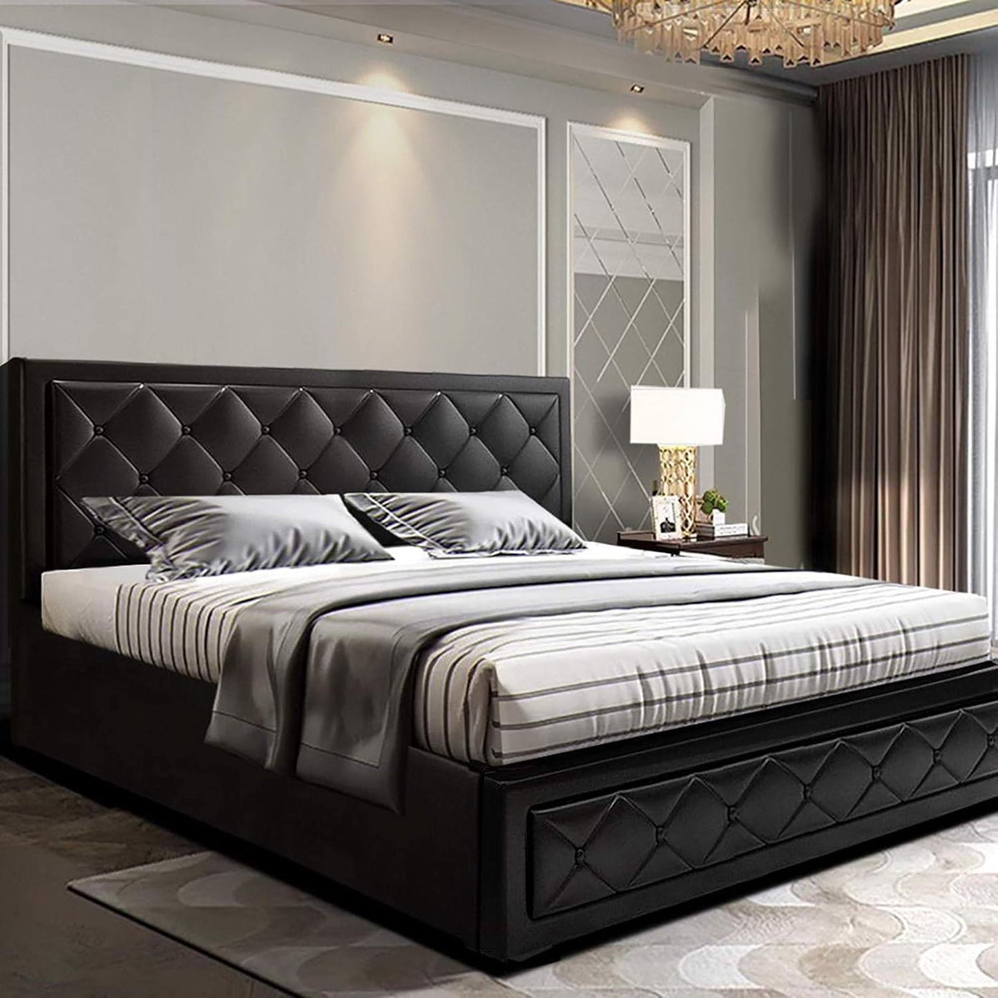 King Bed Frame Platform Tufted Headboard Frames Gas Lift Beds Base with Storage Space, Upholstered with Black PVC Leather + Foam + Wood