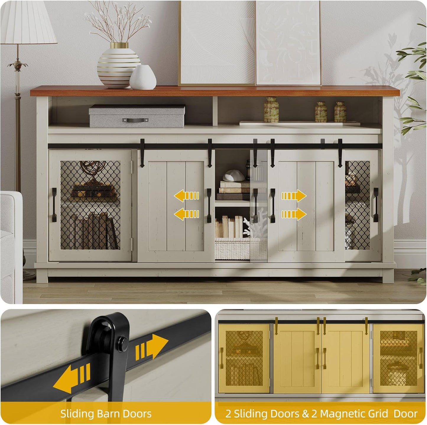 160cm Farmhouse Buffet Cabinet with Storage, Large Coffee Bar Cabinet with 2 Sliding Barn Doors & 2 Visual Grid Doors, Kitchen Sideboard Storage Cabinet for Living Room, White
