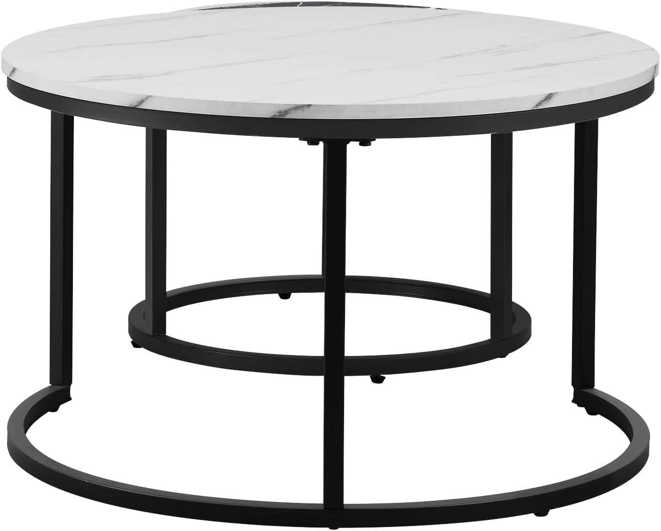 Round Coffee Table Set of 2 Marble Coffee Table Side Nesting Table White and Grey