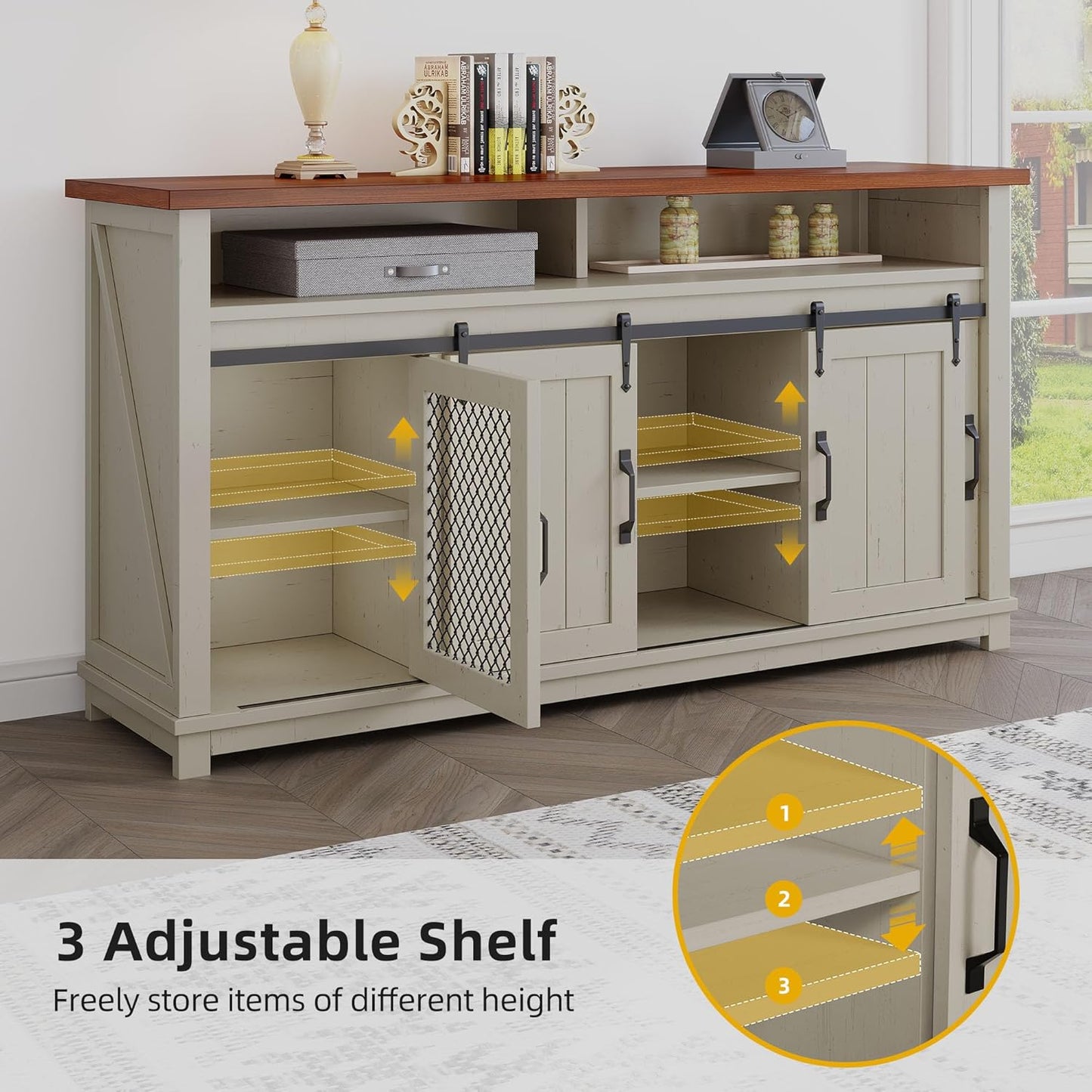 160cm Farmhouse Buffet Cabinet with Storage, Large Coffee Bar Cabinet with 2 Sliding Barn Doors & 2 Visual Grid Doors, Kitchen Sideboard Storage Cabinet for Living Room, White