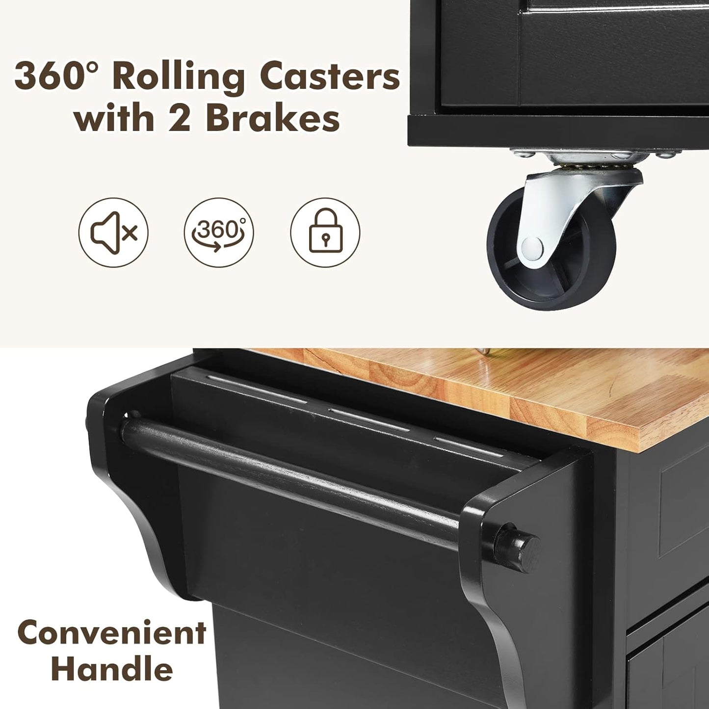 Mobile Kitchen Island Cart, Rolling Storage Trolley with Towel Bar, 2 Deep Drawers, 3 Door Cabinets, Swivel Casters, Rubber Wood Top, for Kitchen Dining Room (Black)