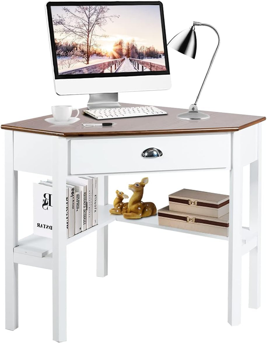 Giantex Wood Corner Computer Desk, Compact Writing Table W/Drawer & Shelves, Space Saving Workstation with Foot Pads, Laptop PC Corner Table Furniture for Home Office, Black