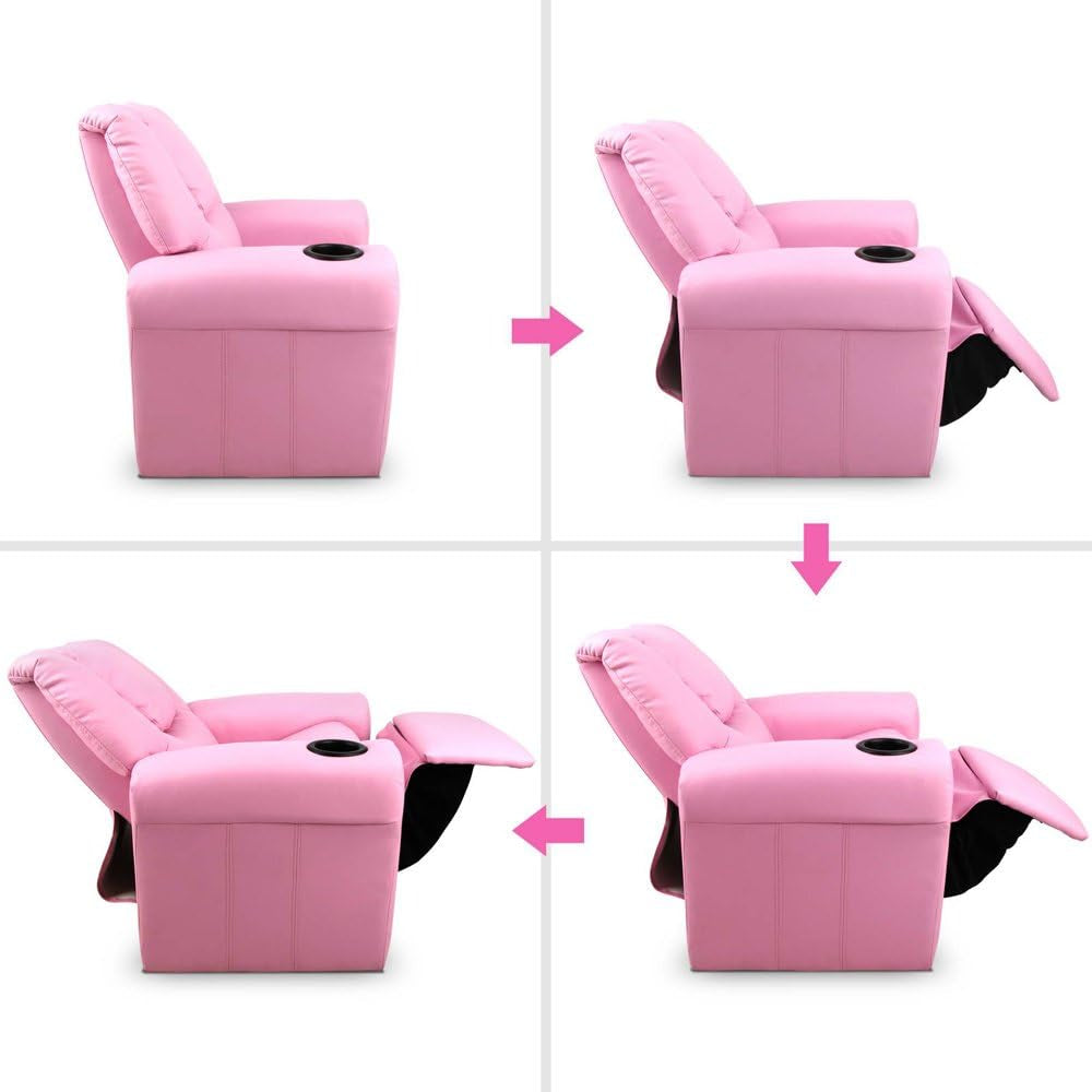 Keezi Kids Recliner Chair, PU Leather Sofa Couch Armchair Loungefly Outdoor Lounge Chairs Home Bedroom Living Room Playroom Children Furniture, with 9Cm Thick Foam Adjustable Precise Recline Pink
