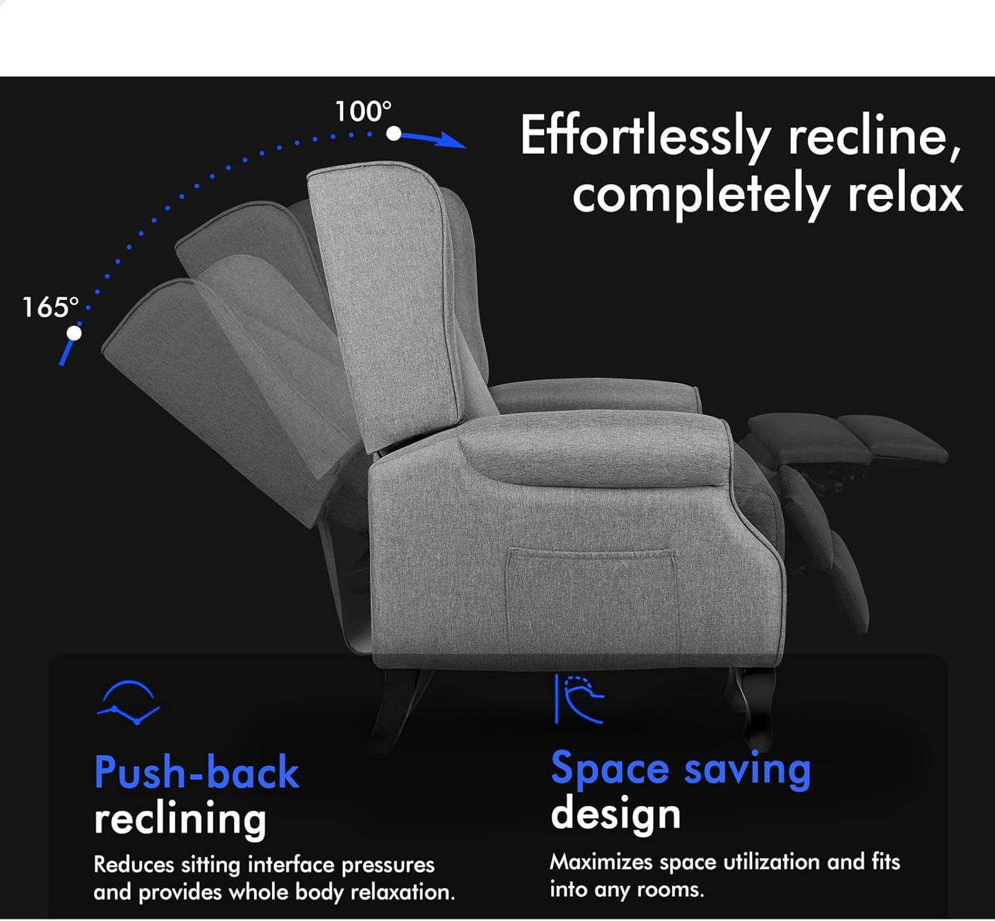 ALFORDSON Grey Sofa Armchair, Recliner Chair for Lounge, Ergonomic Rocking Lounge Home Furniture with 165° Push Back Recline and Padded Seat for Home Bedroom, Living Room Andoffice