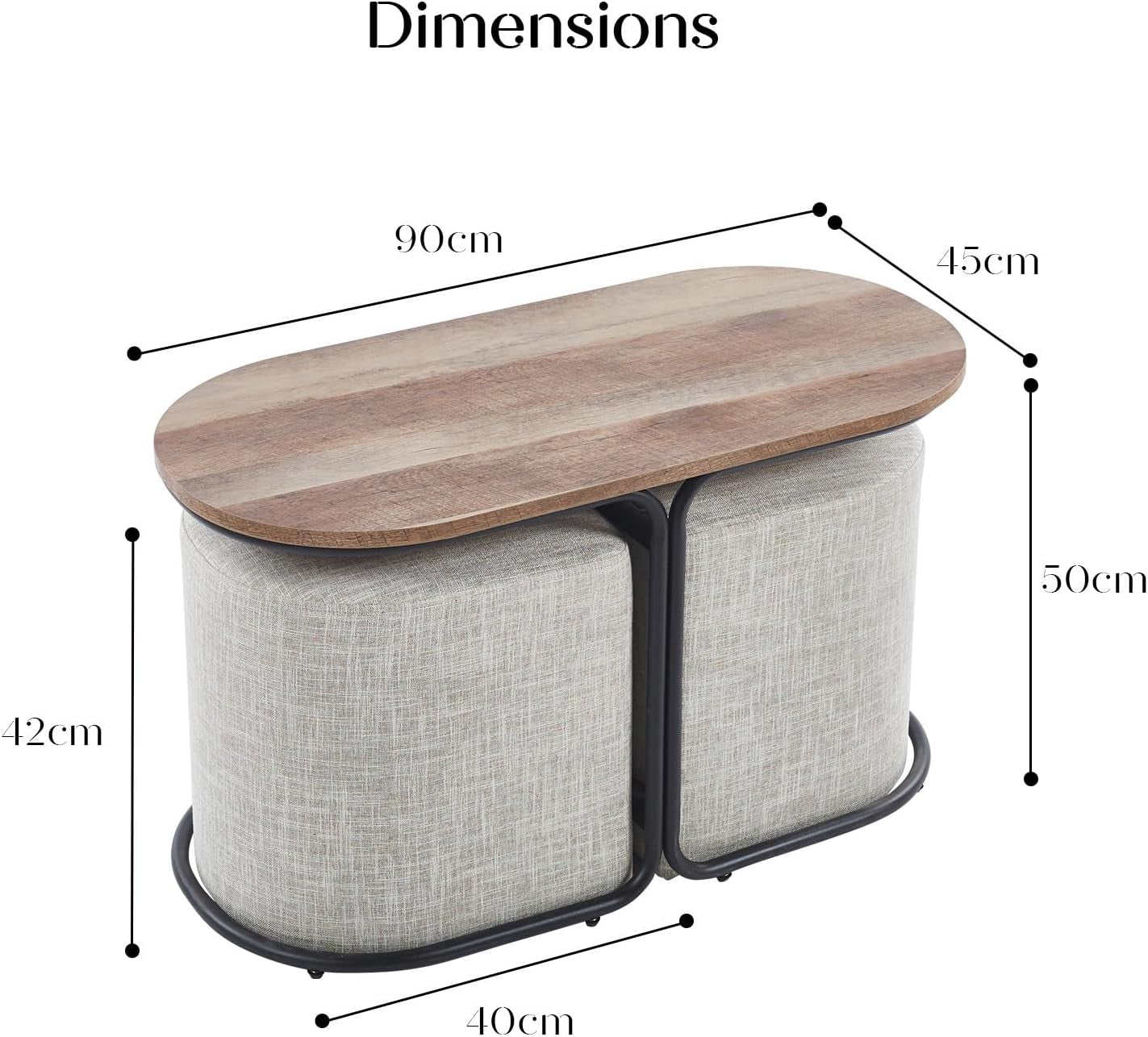 3 Piece Set Coffee Table & Ottoman Wood Side End Table Industrial Rustic - Cream Grey