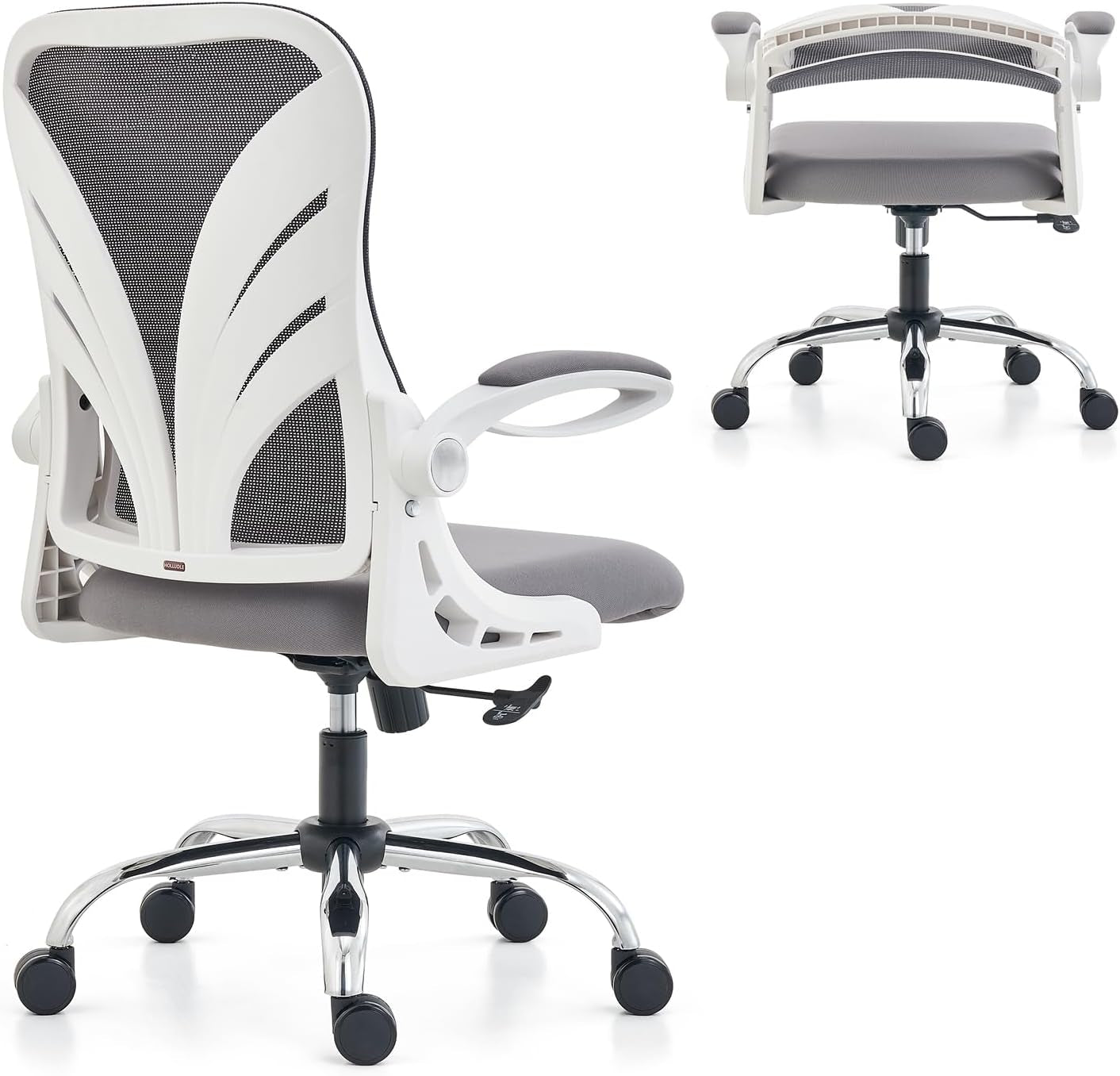 HOLLUDLE Ergonomic Office Chair with Foldable Backrest, Computer Desk Chair with Flip-Up Armrests, Mesh Lumbar Support and 2D Headrest Big and Tall Office Chair, White