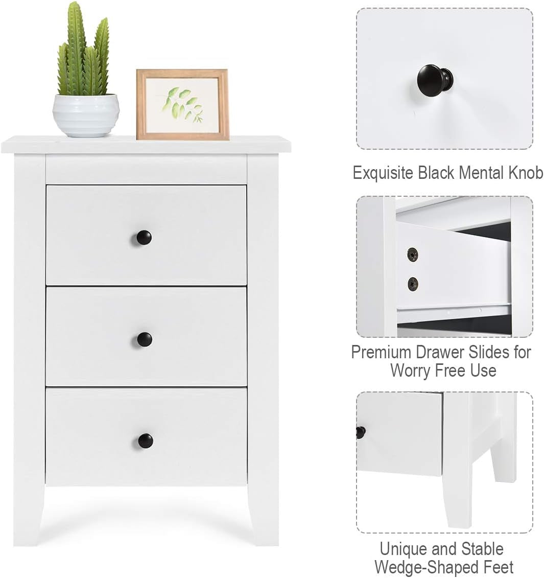 Giantex 2PCS End Side Table, Nightstand W/ 3 Drawers, Modern Bedside Cabinet, Wooden End Table W/Sturdy Structure, Accent Table W/Solid Wood Legs, Bedside Table Sofa Side Table for Bedroom Living Room