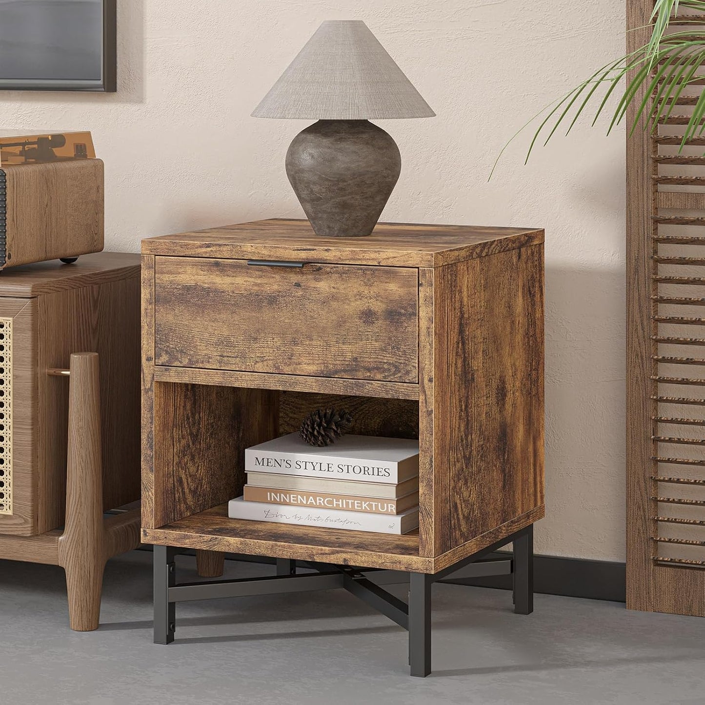 Wooden Bedside Table with Metal Frame Base, Compact Nightstand with Drawer and Shelf, 40 X 39.5 X 50.5Cm, Wood