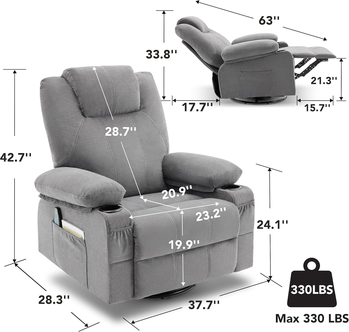 Weture Swivel Rocker Recliner Chair with Heat and Massage, 360 Degree Swivel Rocking Single Sofa with Cup Holders and USB Port, Big Large Oversized Recliner Chair for Living Room (Fabric, Grey)