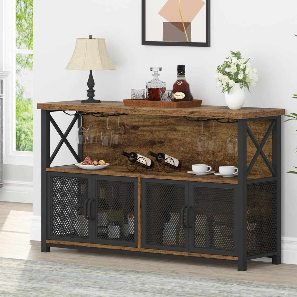 Industrial Coffee Bar Cabinet, Farmhouse Wine Bar Cabinet for Liquor and Glasses, Metal Wood Sideboard Buffet Liquor Cabinet and Wine Rack with Storage for Home Dining Kitchen, Rustic Brown, 47 In