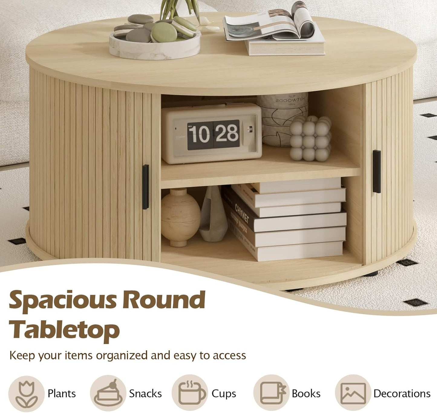 Round Coffee Table with Storage, Mid Century Modern Coffee Table with Sliding Cabinet Door, Wood Coffee Table for Living Room Oak