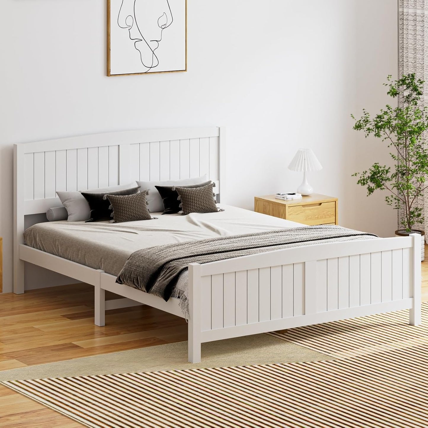 OIKITURE Queen Size Wooden Bed Frame Hampton-Style, Pinewood Bed Frame Platform with Bed Head and High Bed Leg - Compatible with Australian-Sized Mattresses, 211X161X94Cm 