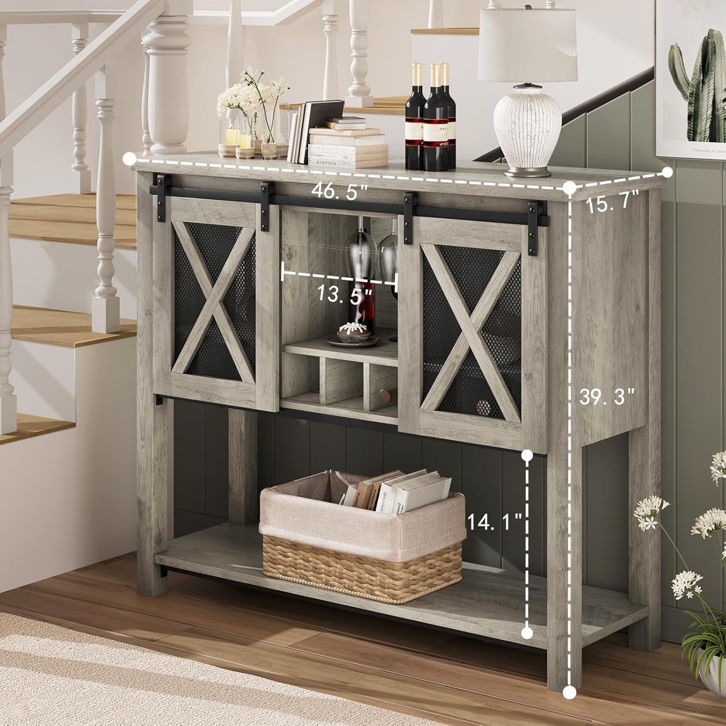Coffee Bar Cabinet, Sideboard Buffet Storage Cabinet with Storage, Farmhouse Wine Bar Cabinet with Wine Glass Rack, Liquor Cabinet Bar for Home, Kitchen, Dining, Living Room, Grey