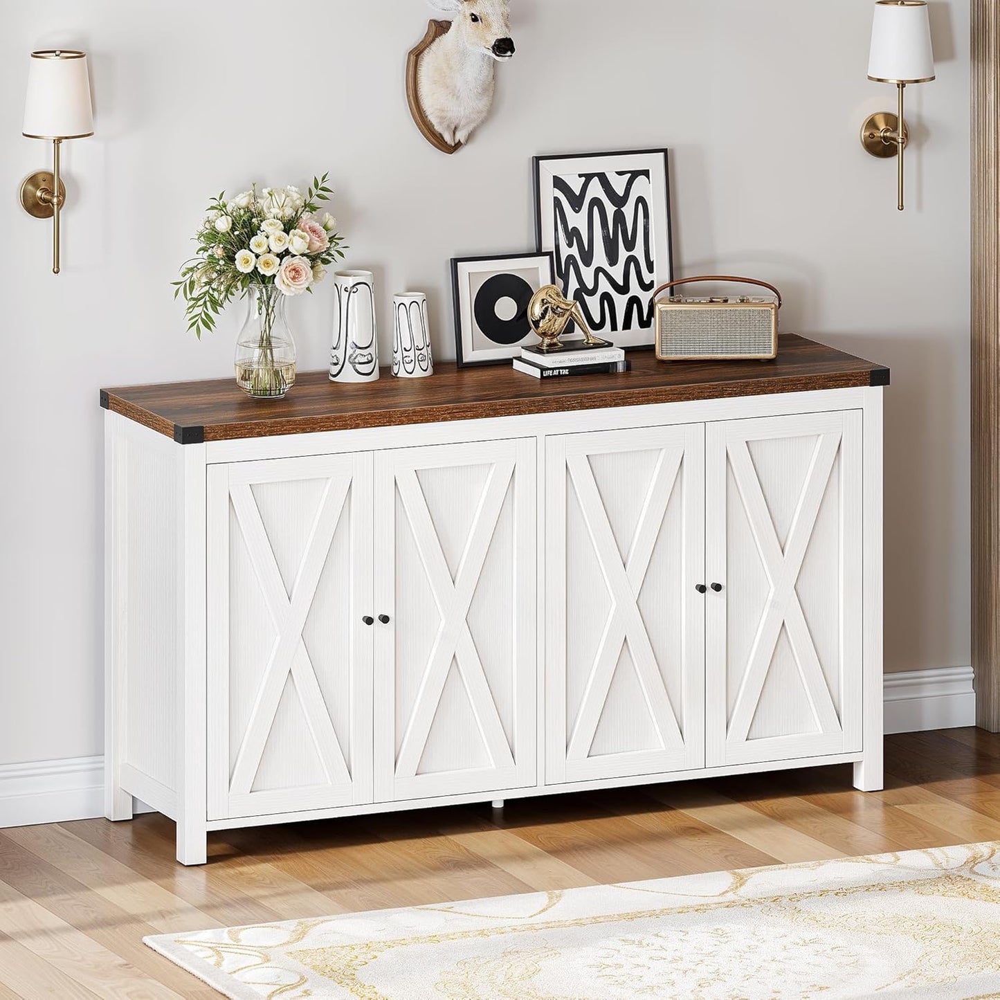 Farmhouse Sideboard Buffet Cabinet with Storage with 4 Doors, 55'' Large Kitchen Storage Cabinet, Coffee Bar Cabinet with Adjustable Shelf for Kitchen, Living Room, White