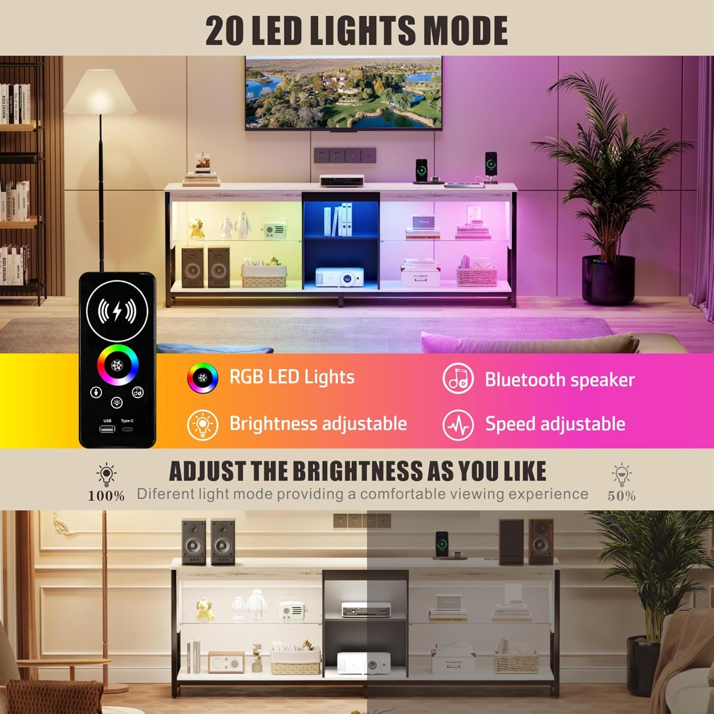 Dystler LED TV Stand for 55/60/65/75 Inch Tv,Smart Gaming Entertainment Center with Wireless Charging Station,Modern TV Cabinet with Adjustable Glass Shelves for Living Room, Bedroom 58 Inch,White