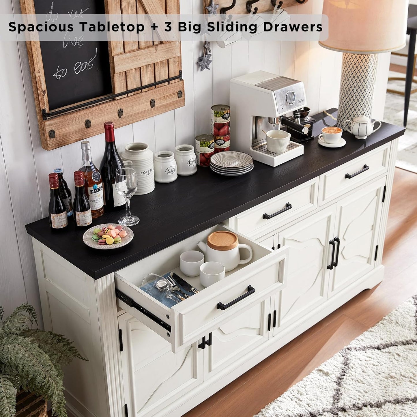 Farmhouse Buffet Sideboard Cabinet, 66" Buffet Table Coffee Bar Wine Bar Cabinet with Drawers and Doors, Kitchen Sideboard Storage Cabinet for Dining Room