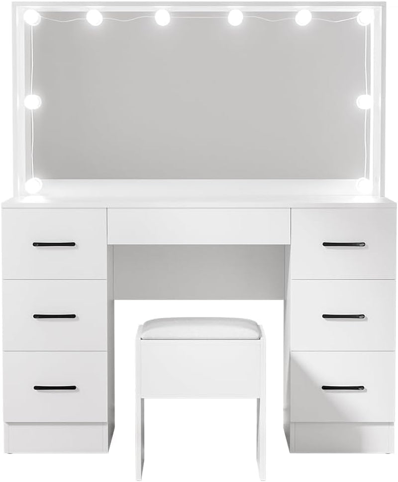 Vanity Table, 10 Bulbs LED Mirror Makeup Stool Set, 7 Drawers Shelves Wide Tabletop White