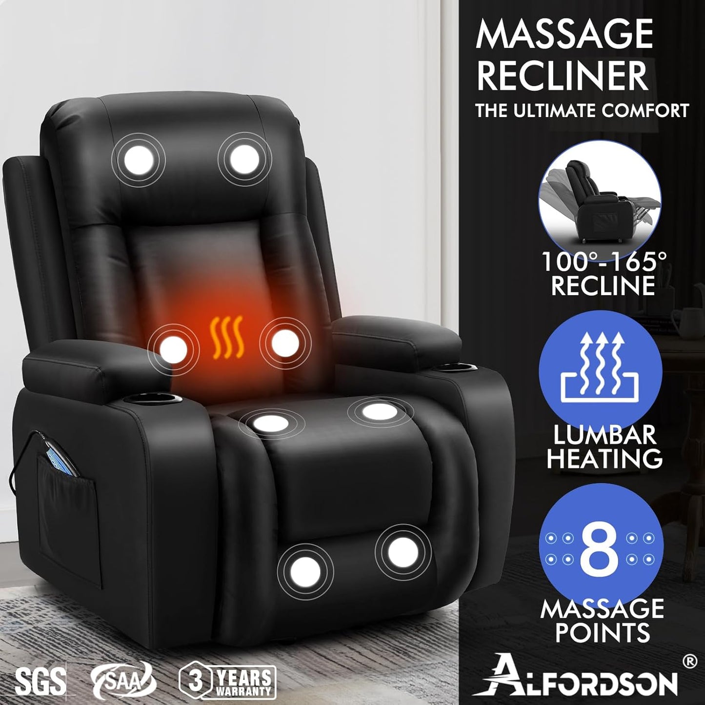 ALFORDSON Electric Recliner Chair, Fully Automatic Lifting and Reclining Lounge Sofa, PU Leather Heated Massage Armchair with Remote Control, Black