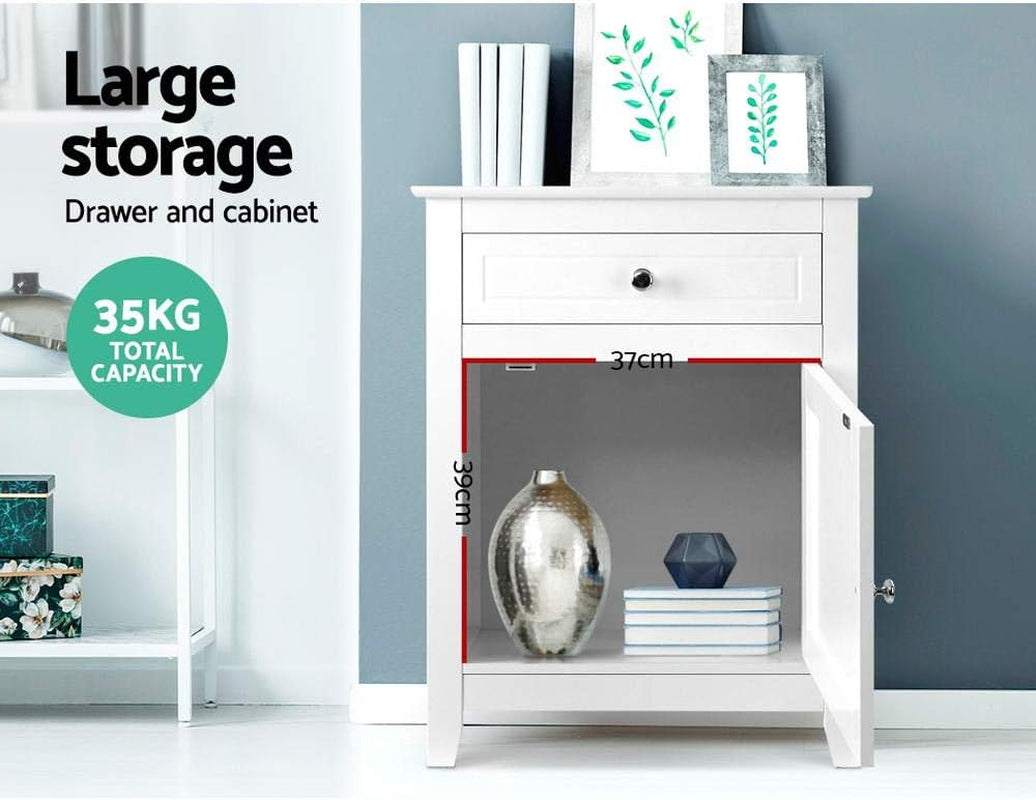 Bedside Table White Side Tables Storage Small Narrow Desk Chest of Drawers, with Drawer and Cabinet, Tallboy Lamp Stand Nightstand in 53Cm Height