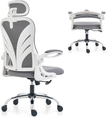 HOLLUDLE Ergonomic Office Chair with Foldable Backrest, Computer Desk Chair with Flip-Up Armrests, Mesh Lumbar Support and 2D Headrest Big and Tall Office Chair, White